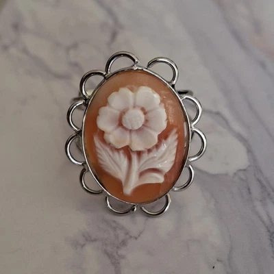 ANELLO CAMMEO FIORE  ARGENTO 925 PLACCATO ORO BIANCO 18 KT CONCHIGLIA NATURALE  - Immagine 1 di 4