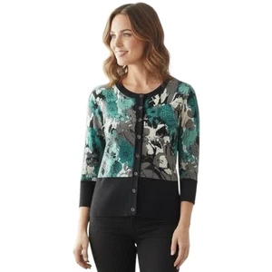 VALERIE BERTINELLI S Teal Black White Floral Cardigan  - Picture 1 of 10