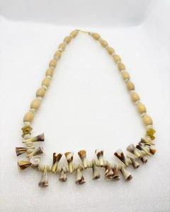 Curled Shell Beaded Necklace Gold Tone 24" Handmade - Picture 1 of 7