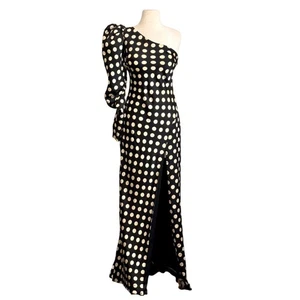 Mac Duggal Black Cream One-Shoulder Polka Dot Puff Sleeve Long Dress Size 8 NEW! - Picture 1 of 13