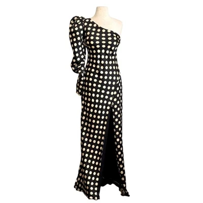 Mac Duggal Black Cream One-Shoulder Polka Dot Puff Sleeve Long Dress Size 8 NEW! - Image 1 of 4