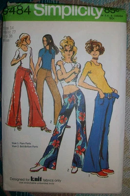 Simplicity 70s Vintage Pattern 9484 Hip Hugger Bell Bottom / Flare Knit Pants 14 - Image 1 of 2