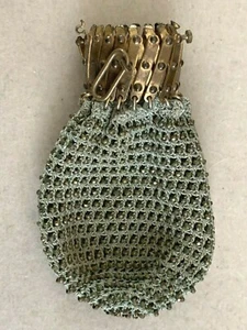 Antique French Chatelaine Mesh Coin Purse - Metallic beads on Green cotton - 9cm - Picture 1 of 4