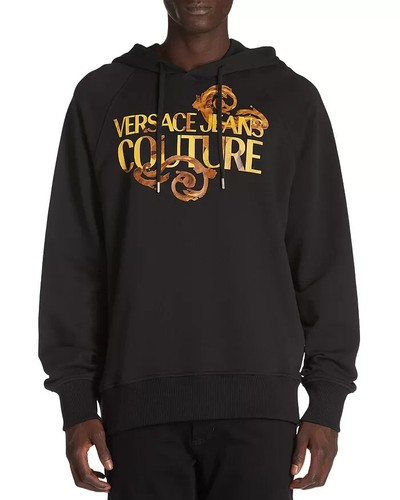 Versace Jeans Couture Regular Fit Felpa con Cappuccio Uomo M Nero Oro Logo Pullover Anteriore