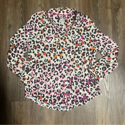 Blusa Top Chico's Mujer Abotonada Talla M Rosa Tostado Estampado Leopardo Manga Larga Foto 1 de 4