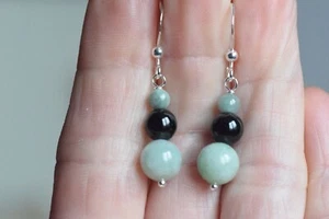 Ohrringe Typ A grün und schwarz burmesischer Jadeit Sterlingsilber - Bild 1 von 8