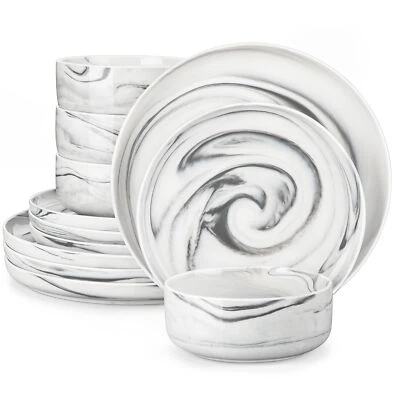 MALACASA 12-Piece Porcelain Bowl & Plate Set for 4 People Marble Grey Dinner Set - Image 1 of 4