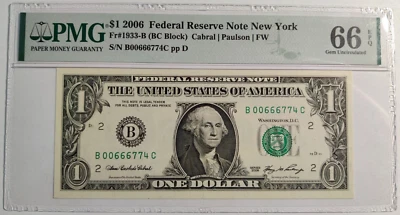 2006 $1 FEDERAL RESERVE NOTE NEW YORK PMG GEM 66 EPQ BC BLOCK - Image 1 of 2