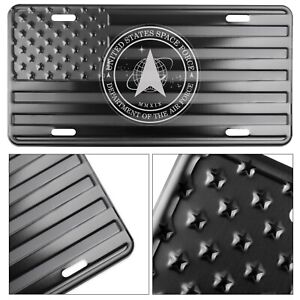Space Force Laser Engraved License Plate Tag on Embossed Aluminum American Flag.