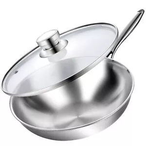 Tri-Ply 13 Inch Stainless Steel Wok Pan with Lid Stir-Frying Induction - Picture 1 of 7