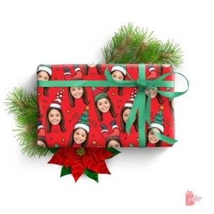 Personalized Christmas Gift Wrapping Paper Roll w/ Photo Face Cut Crazy Elf Cap - Picture 1 of 18