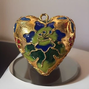 VTG Cloisonne Enamel Puffy Heart Pendant 2 Sided Flores & Butterflies BEAUTIFUL - Picture 1 of 12