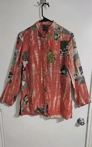 Citron Santa Monica Silk Blouse Large Multicolor Button Down Shirt Artsy Boho - Picture 1 of 12