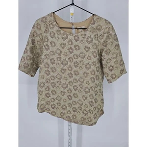 J Crew womens Sz 0 Short Sleeve Blouse Gold Dark Pink Floral Silk Blend - Picture 1 of 3