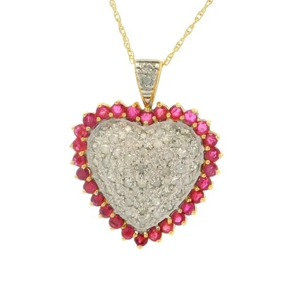 10k Yellow & White Gold Diamond Cluster w/ Ruby Frame Heart Pendant Necklace - Image 1 of 4