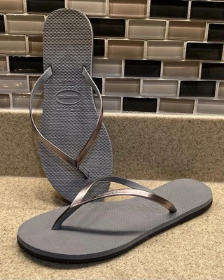 Havaianas 女式拖鞋凉鞋银色灰色美国尺码 7/8 穿过一次 — 第 1/4 张图片