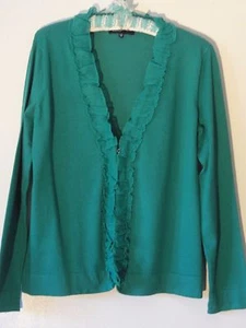 Jones New York Sweater Misses L Cotton Green Cardigan Hook & Loop Clasp Ruffle - Picture 1 of 5