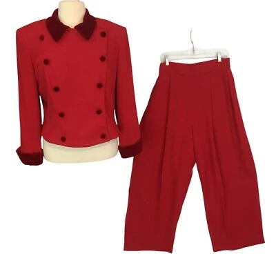 Donna Morgan for Maggy Vintage Mujer Rojo Pantalón Traje Terciopelo Cuello Blazer Puños 12 Foto 1 de 4