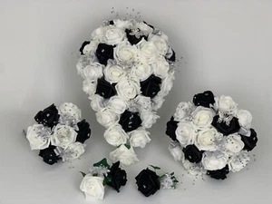 Wedding bouquets BLACK Ivory Rose Bouquet, Bride, Bridesmaid,buttonholes Wand - Picture 1 of 17