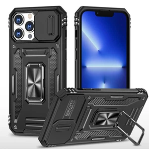Military Grade Ring Holder Case with Camera Lens Cover for iPhone 14 Pro - Black - Picture 1 of 7