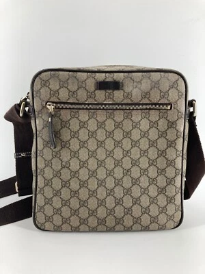 Authentic GUCCI Large GG Brown/Beige Flat Messenger Bag Front Zipper - Image 1 of 4