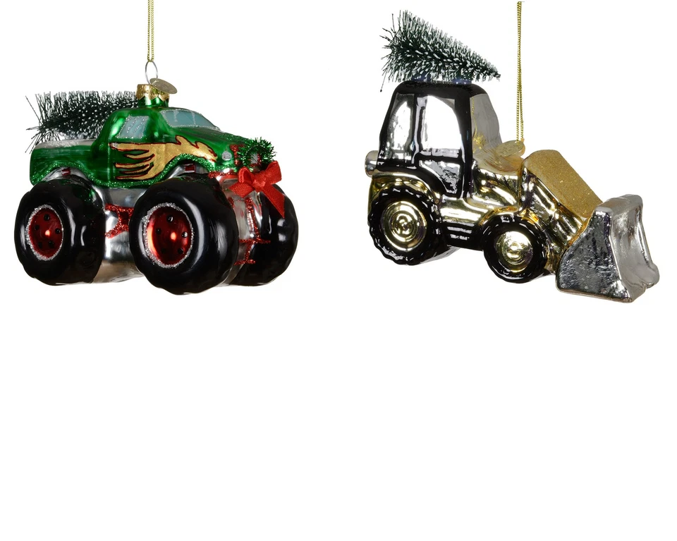 2x Christbaumschmuck Glas 12cm Truck & Bagger mundgeblasen Weihnachtsbaumschmuck - Bild 1 von 1