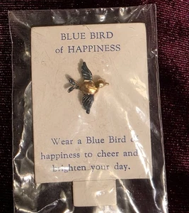 Vintage blauer Glücksvogel blaue Emaille goldfarbene Anstecknadel 70er Jahre - Bild 1 von 3