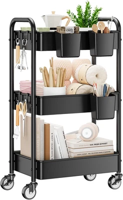 Carro rodante YASONIC 3 niveles - Carro utilitario de metal con ruedas, tazas colgantes, gancho Foto 1 de 4