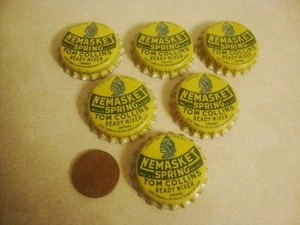 VTG Cork Back Soda Pop Bottle Caps x6 NEMASKET SPRING Chief of All TOM COLLINS! - Picture 1 of 4