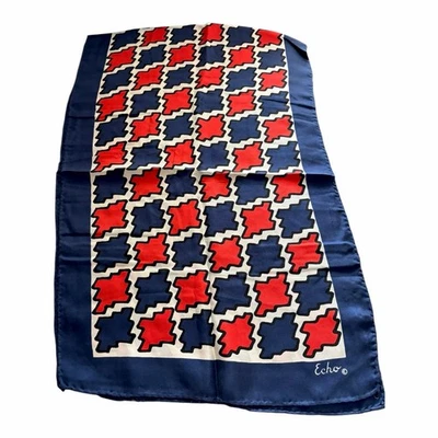 Echo Silk Scarf Houndstooth Red White and Blue Puzzle BOLD VIBRANT COLORS 1970s  - Image 1 of 4