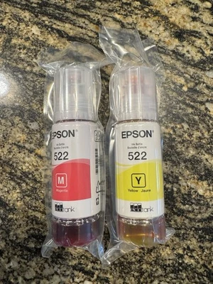 NUEVO GENUINO EPSON 522 AMARILLO ROSA BOTELLA TINTA Repuesto T522420 Plástico Sellado 6/29 Foto 1 de 3