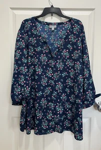 Catherines Damenhemd mit Knopfleiste Größe 4X blau rosa grün Blumenmuster 3/4-Ärmel zum Binden - Bild 1 von 8