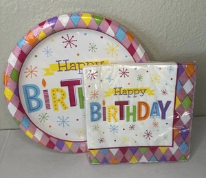 Happy Birthday Paper Plates And Napkins Pink Colorful Party NEW UNOPENED - Picture 1 of 8