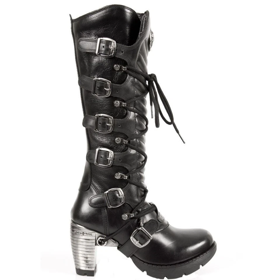 no-New Rock TR004-S1 Ladies Black 100% Leather Buckle Lace Knee High Biker Boots - Image 1 of 1
