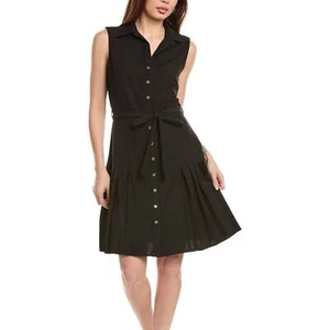 Neu mit Etikett Sharagano Shirtkleid natürlich plissierter Saum schwarz Knopfleiste Taille zum Binden Größe 10 - Bild 1 von 9