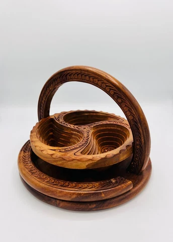 Vintage Collapsible Wooden Fruit Basket Leaf Shape Kitchen Serving Folding Bowl Cover