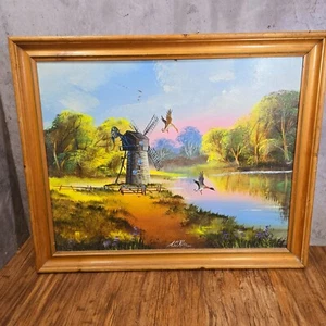 Dipinto olio su tavola originale, mulino a vento, lago delle anatre firmato A.W Ross - NEEDS TLC - Foto 1 di 24