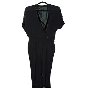 Womens Jumpsuit Size M 100% Silk Black Romper Short Sleeve V Neck Wrap Retro - Picture 1 of 6