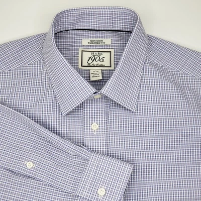 Camisa a Cuadros 16-36 $89 Nueva con Etiquetas Jos A Bank 1905 Ajuste a Medida Púrpura y Blanco Sin Hierro Foto 1 de 4