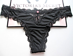 VICTORIA'S SECRET DREAM ANGELS Thong Panty VS Black S M L XL Lace Trim NWT
