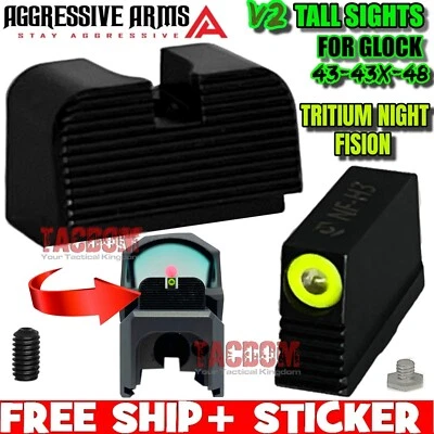 USA MADE AGGRESSIVE ARMS V2 TALL Height NIGHT TRITIUM Sights GL0CK 43 43X 48 CO-WITNESS