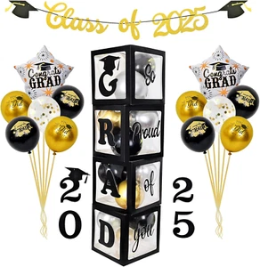 Graduation Decorations 2025 – Black & Gold Balloon Boxes with Letters "GRAD", "2 - Picture 1 of 7