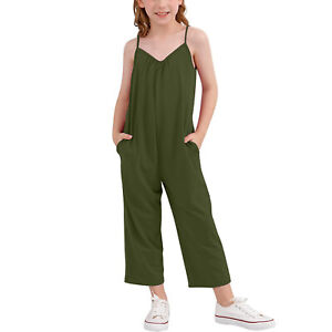 Girls Solid Casual Romper Sleeveless Halter Long Pants Jumpsuit Wit Pockets Kids