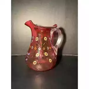 Antique Victorian Cranberry Hand Blown Glass with Enamel Flowers - Picture 1 of 10