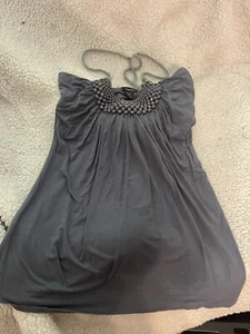 Beaded Collar Medium Lined Blue Gray rue 21 No Shoulder Halter Top Party Coastal - Imagen 1 de 5