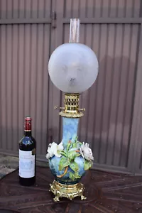 Antique French barbotine majolica Faience Table lamp floral decor rare - Picture 1 of 11