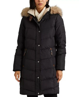 LAUREN RALPH LAUREN Womens Faux Fur Trim Hooded Down Puffer Coat Navy Size Large - Image 1 of 4