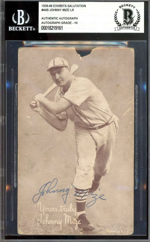 Johnny Mize Gem Mint 10 Beckett BAS Signed 1939-46 Exhibits Salutation LR Rookie - Image 1 of 2