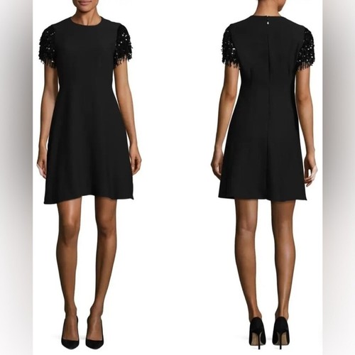 Abito Kate Spade nuovo con etichette paillettes frange swing nero cappuccio manica mini a line cocktail 4