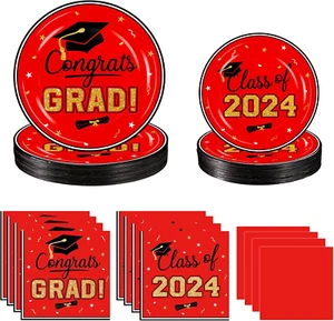 Graduation Table Decorations Party Supplies - Red Black Graduation Plates and Na - Picture 1 of 7